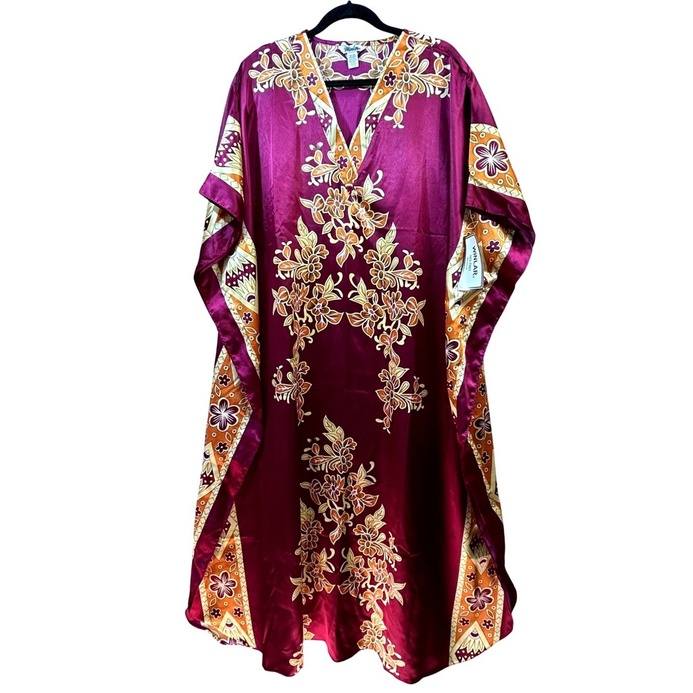 Winlar Women Purple Floral Satin Caftan Lounger V-Neck One Size Fits Most NWT